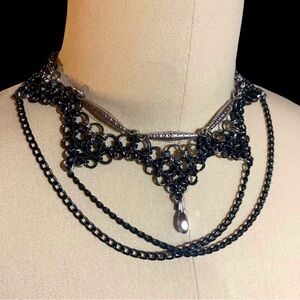Gothic  Black Chainmaille Choker Necklace w/ Swarovski Crystal Drop